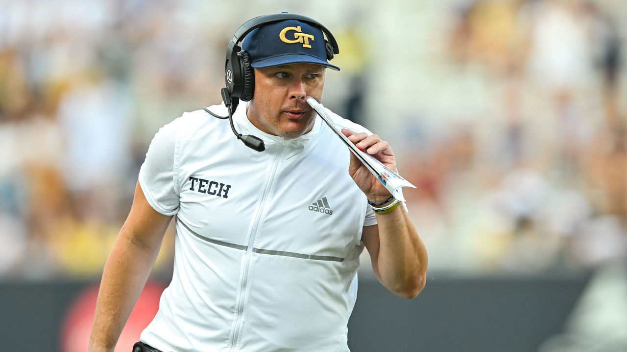 ATLANTA, GA SEPTEMBER 17: Georgia Tech head coach Geoff Collins on the sideline during the NCAA football game between the Ole Miss Rebels and the Georgia Tech Yellow Jackets on September 17th, 2022 at Bobby Dodd Stadium in Atlanta, GA.