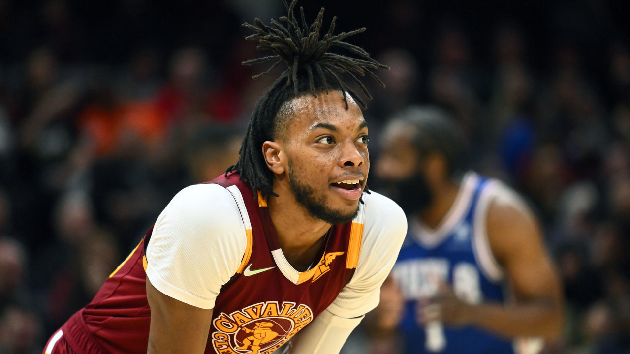 CLEVELAND, OHIO - APRIL 03: Darius Garland #10 of the Cleveland Cavaliers pauses on the court during the fourth quarter against the Philadelphia 76ers at Rocket Mortgage Fieldhouse on April 03, 2022 in Cleveland, Ohio. The 76ers defeated the Cavaliers 112-108. NOTE TO USER: User expressly acknowledges and agrees that, by downloading and/or using this photograph, user is consenting to the terms and conditions of the Getty Images License Agreement.