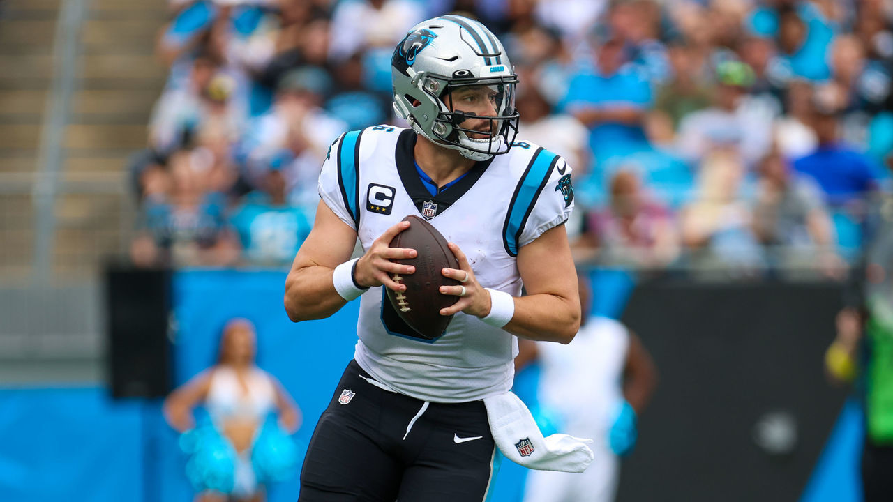 CHARLOTTE, NC - SEPTEMBER 25: Baker Mayfield (6) of the Carolina Panthers looks to pass the ball during a football game between the Carolina Panthers and the New Orleans Saints on September 25, 2022, at Bank of America Stadium in Charlotte, NC.