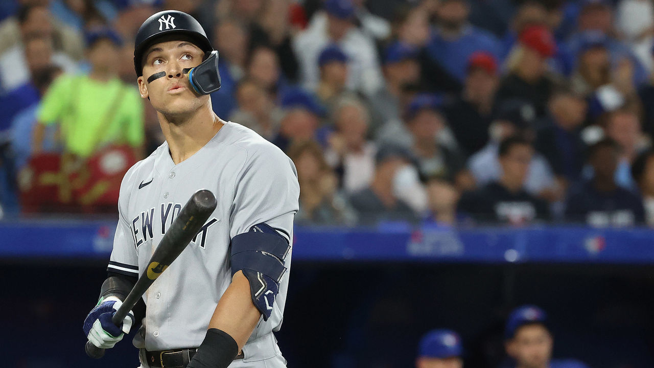 TORONTO, ON - SEPTEMBER 26 - After striking out in the sixth inning New York Yankees center fielder Aaron Judge (99) spits out his gum and hits it with his bat as the Toronto Blue Jays play the New York Yankees at Rogers Centre in Toronto. September 26, 2022. (Steve Russell/Toronto Star via Getty Images)