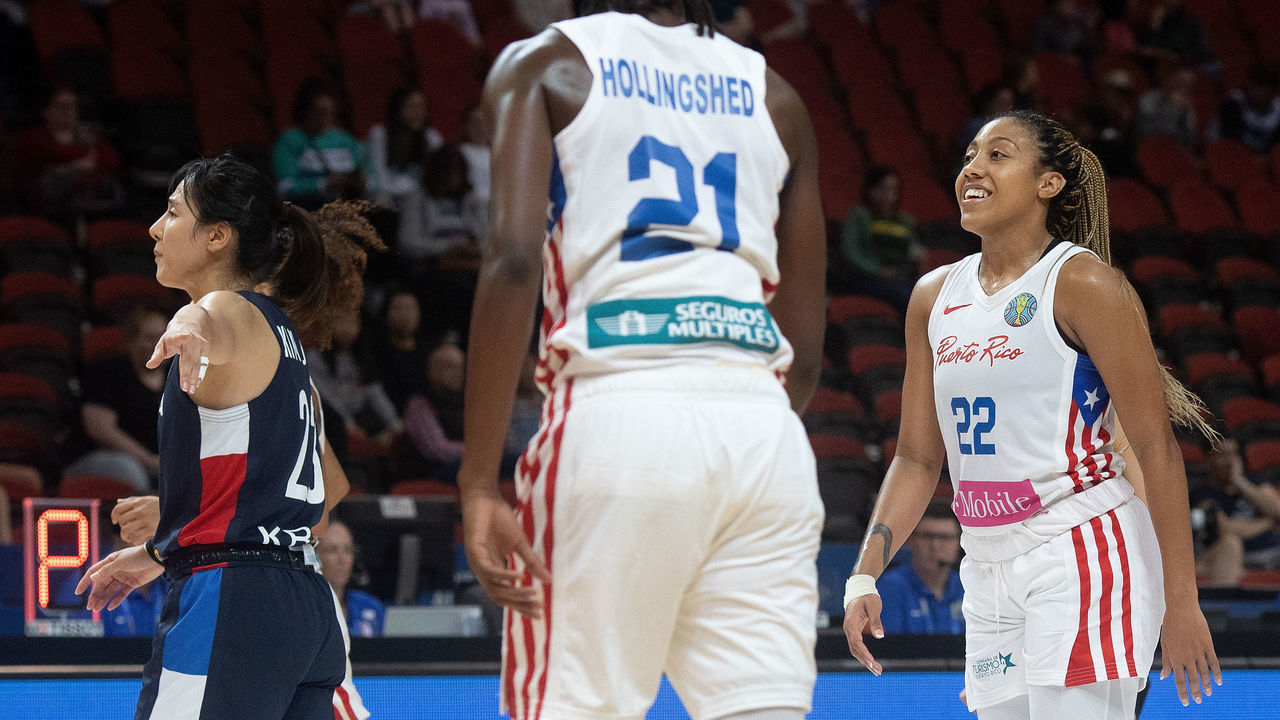 SYDNEY, AUSTRALIA - SEPTEMBER 27: Puerto Rico's Arella Guirantes smiles during the 2022 FIBA Women's Basketball World Cup Group A match between Puerto Rico and Korea at Sydney Superdome, on September 27, 2022, in Sydney, Australia.