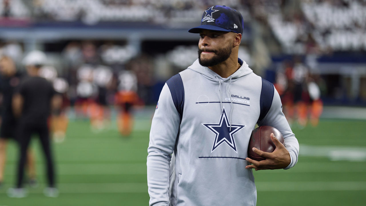 ARLINGTON, TX - SEPTEMBER 18: Dak Prescott #4 of the Dallas Cowboys looks on before kickoff against the Cincinnati Bengals at AT&T Stadium on September 18, 2022 in Arlington, Texas.