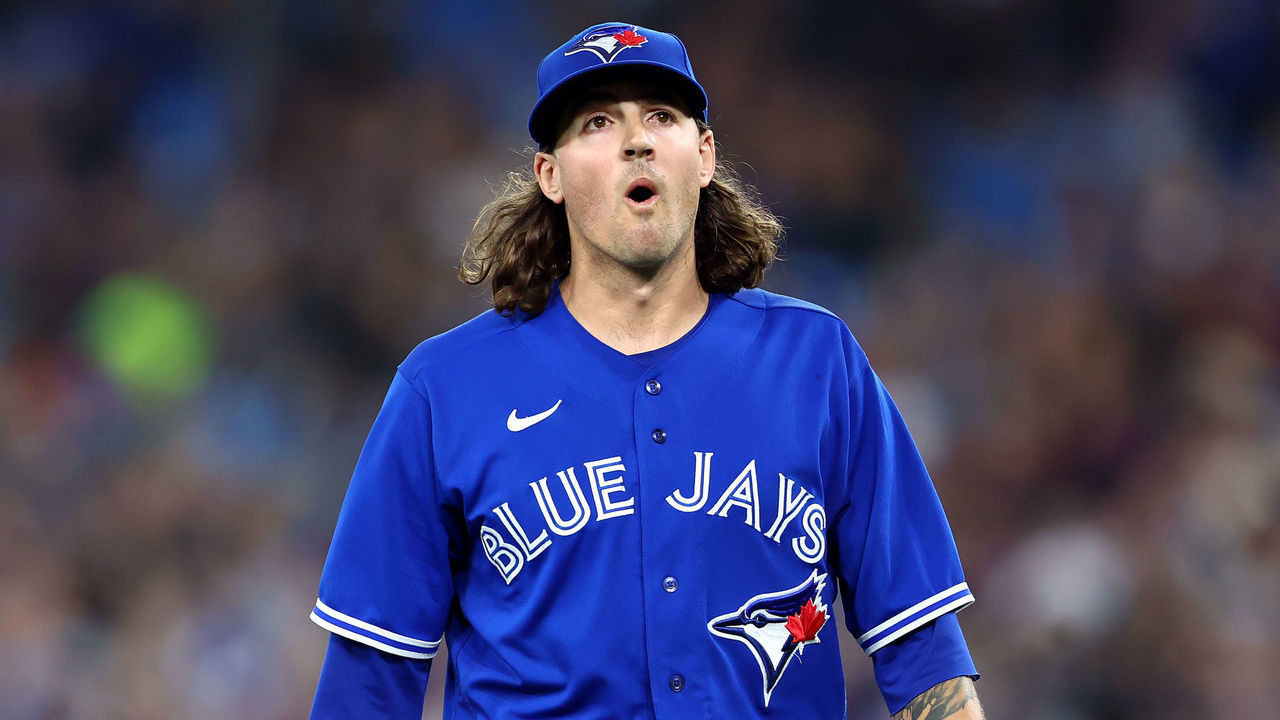 TORONTO, ON - SEPTEMBER 26: Kevin Gausman #34 of the Toronto Blue Jays walks to the dugout at the end of the sixth inning against the New York Yankees at Rogers Centre on September 26, 2022 in Toronto, Ontario, Canada.