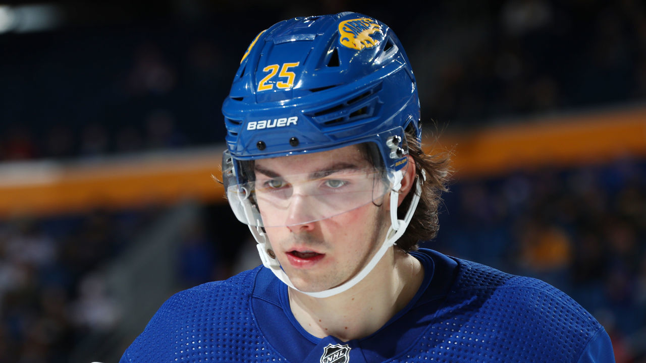 BUFFALO, NY - APRIL 23: Owen Power #25 of the Buffalo Sabres prepares for a faceoff during an NHL game against the New York Islanders on April 23, 2022 at KeyBank Center in Buffalo, New York.