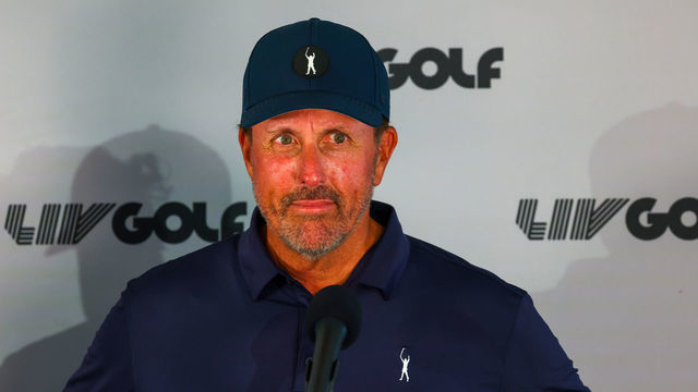 SUGAR GROVE, ILLINOIS - SEPTEMBER 16: Team Captain Phil Mickelson of Hy Flyers GC is interviewed during Day One of the LIV Golf Invitational - Chicago at Rich Harvest Farms on September 16, 2022 in Sugar Grove, Illinois.