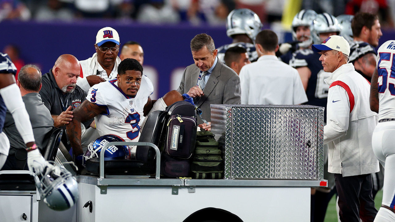 EAST RUTHERFORD, NEW JERSEY - SEPTEMBER 26: Sterling Shepard #3 of the New York Giants is carted off the field after being injured against the Dallas Cowboys during the fourth quarter in the game at MetLife Stadium on September 26, 2022 in East Rutherford, New Jersey.
