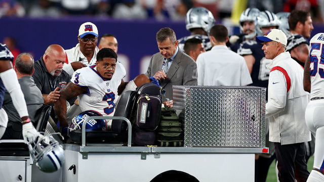 EAST RUTHERFORD, NEW JERSEY - SEPTEMBER 26: Sterling Shepard #3 of the New York Giants is carted off the field after being injured against the Dallas Cowboys during the fourth quarter in the game at MetLife Stadium on September 26, 2022 in East Rutherford, New Jersey.