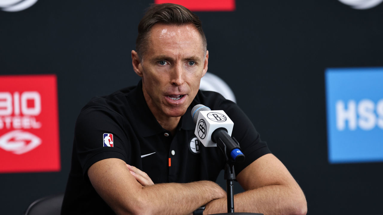 NEW YORK, NEW YORK - SEPTEMBER 26: Head Coach Steve Nash of the Brooklyn Nets speaks at the podium during a press conference at Brooklyn Nets Media Day at HSS Training Center on September 26, 2022 in the Brooklyn borough of New York City. NOTE TO USER: User expressly acknowledges and agrees that, by downloading and/or using this photograph, User is consenting to the terms and conditions of the Getty Images License Agreement.