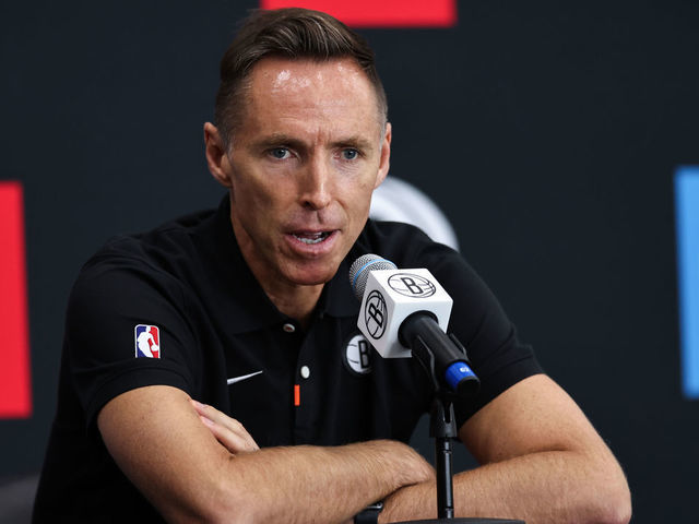 NEW YORK, NEW YORK - SEPTEMBER 26: Head Coach Steve Nash of the Brooklyn Nets speaks at the podium during a press conference at Brooklyn Nets Media Day at HSS Training Center on September 26, 2022 in the Brooklyn borough of New York City. NOTE TO USER: User expressly acknowledges and agrees that, by downloading and/or using this photograph, User is consenting to the terms and conditions of the Getty Images License Agreement.