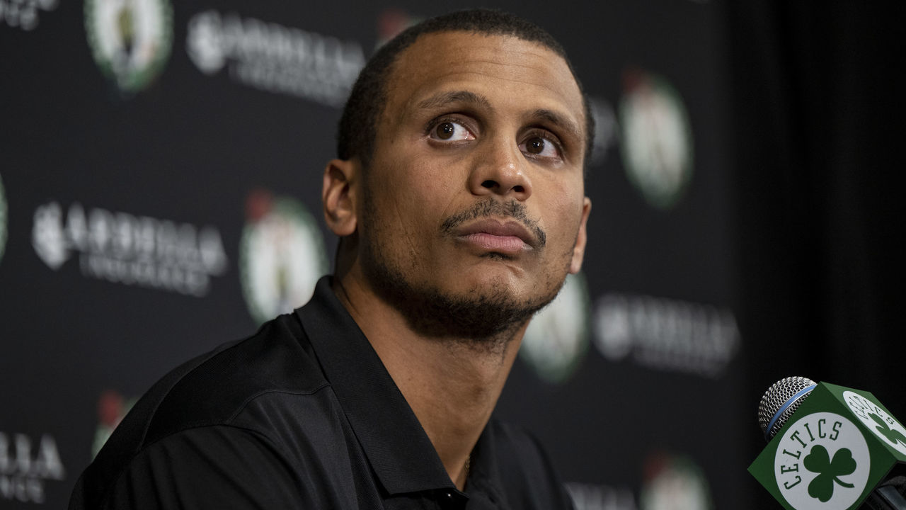 CANTON, MA - SEPTEMBER 26: Interim head coach Joe Mazzulla of the Boston Celtics takes questions from reporters during Boston Celtics Media Day at High Output Studios on September 26, 2022 in Canton, Massachusetts. NOTE TO USER: User expressly acknowledges and agrees that, by downloading and/or using this photograph, user is consenting to the terms and conditions of the Getty Images License Agreement.