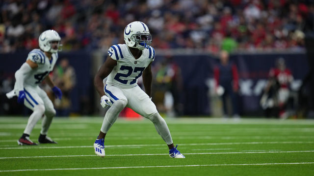 HOUSTON, TEXAS - DECEMBER 05: Xavier Rhodes #27 of the Indianapolis Colts defends against the Houston Texans during an NFL game at NRG Stadium on December 05, 2021 in Houston, Texas.