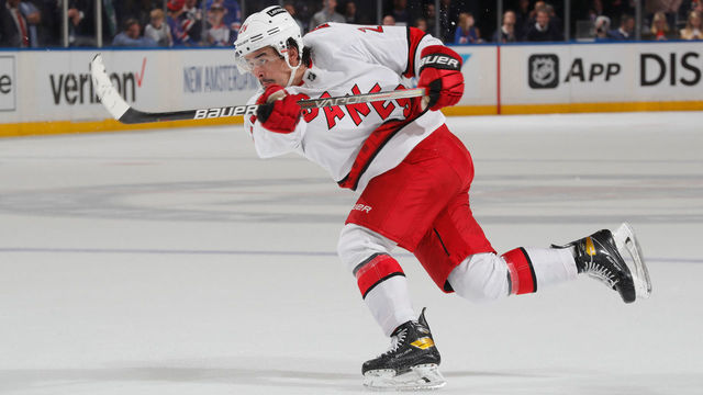 NEW YORK, NY - MAY 22: Seth Jarvis #24 of the Carolina Hurricanes shoots the puck against the New York Rangers in Game Three of the Second Round of the 2022 Stanley Cup Playoffs at Madison Square Garden on May 22, 2022 in New York City.