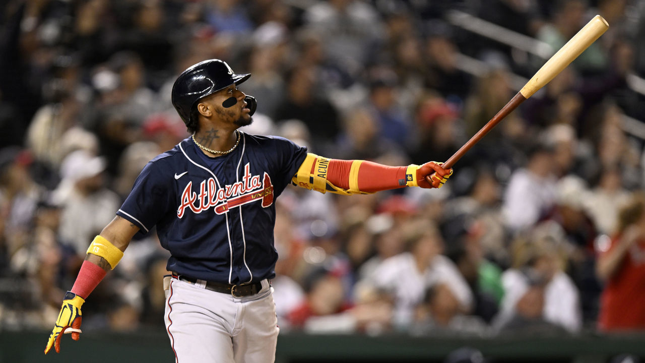 WASHINGTON, DC - SEPTEMBER 27: Ronald Acuna Jr. #13 of the Atlanta Braves hits a home run in the seventh inning against the Washington Nationals at Nationals Park on September 27, 2022 in Washington, DC.