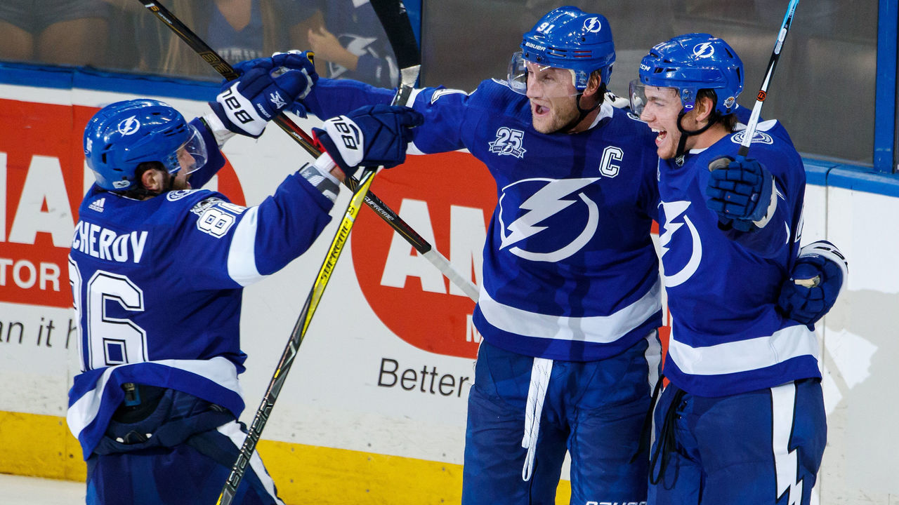 TAMPA, FL - OCTOBER 9: Brayden Point #21 of the Tampa Bay Lightning celebrates a game winning goal with teammates Nikita Kucherov #86 and Steven Stamkos #91 against the Washington Capitals during the overtime period at Amalie Arena on October 9, 2017 in Tampa, Florida.
