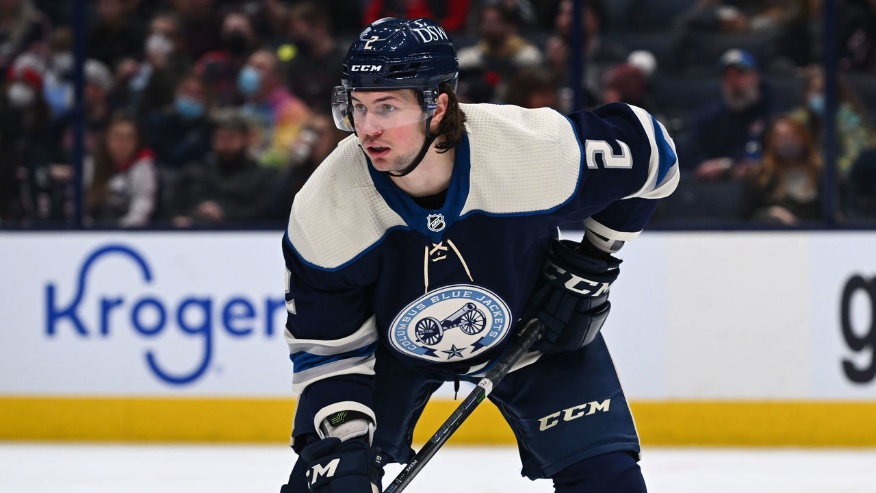 COLUMBUS, OH - FEBRUARY 20: Andrew Peeke #2 of the Columbus Blue Jackets awaits a face-off during the second period of a game against the Buffalo Sabres at Nationwide Arena on February 20, 2022 in Columbus, Ohio.