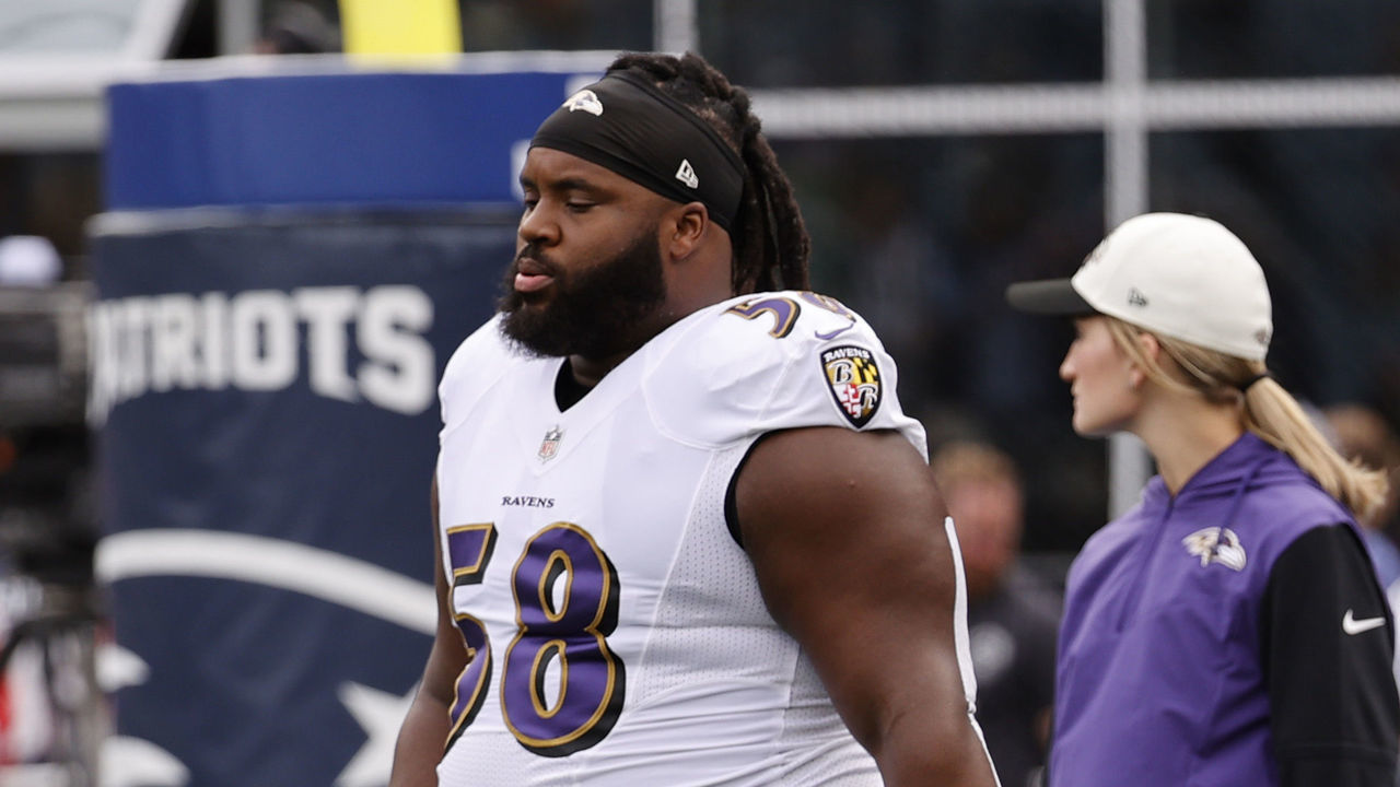 FOXBOROUGH, MA - SEPTEMBER 25: Baltimore Ravens nose tackle Michael Pierce (58) in warm up before a game between the New England Patriots and the Baltimore Ravens on September 25, 2022, at Gillette Stadium in Foxborough, Massachusetts.