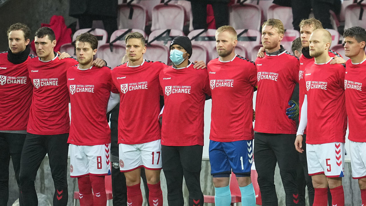 Danish team wearing shirts with "Football supports change, a protest against Qatar regarding the world cup. during the World Cup Qualification match between Denmark and Moldova at MCH Arena, Herning, Denmark on March 28, 2021.