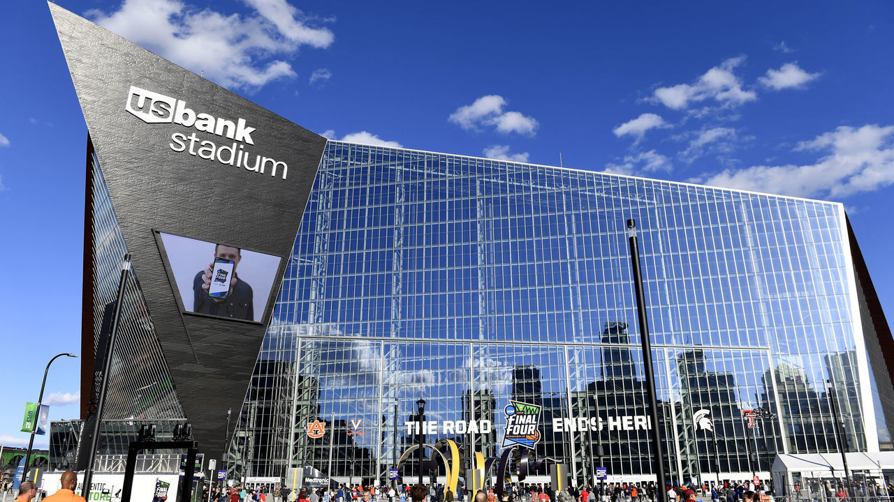 MINNEAPOLIS, MINNESOTA - APRIL 08: An exterior view of U.S. Bank Stadium prior to the 2019 NCAA men's Final Four National Championship game between the Virginia Cavaliers and the Texas Tech Red Raiders at U.S. Bank Stadium on April 08, 2019 in Minneapolis, Minnesota.