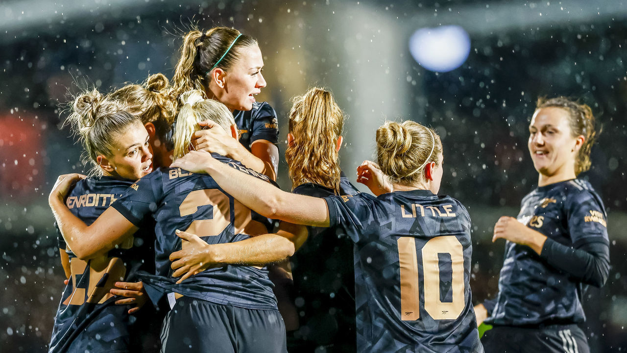 AMSTERDAM, NETHERLANDS - SEPTEMBER 28: Vivianne Miedema of Arsenal celebrating her goal with teammates 0-1 during the UEFA Women´s Champions League Second Qualifying Round Second Leg match between AFC Ajax and Arsenal at Sportpark De Toekomst Johan Cruyff Arena on September 28, 2022 in Amsterdam, Netherlands.