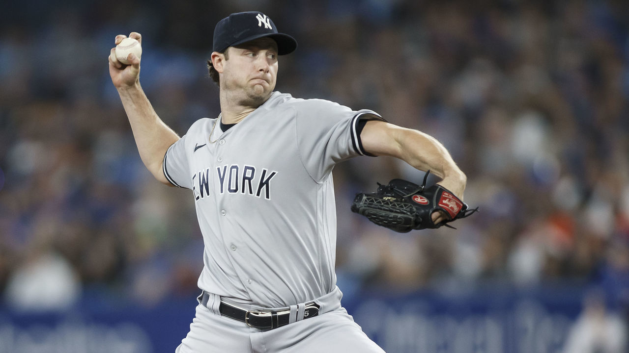 TORONTO, ON - SEPTEMBER 28: Gerrit Cole #45 of the New York Yankees pitches in the first inning of the game against the Toronto Blue Jays at Rogers Centre on September 28, 2022 in Toronto, Canada.
