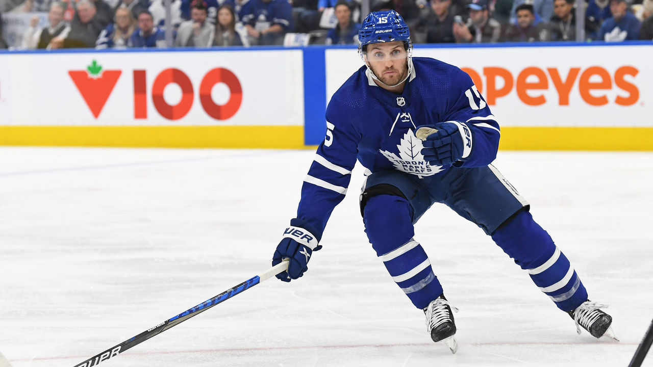 TORONTO, ON - MAY 02: Toronto Maple Leafs Winger Alexander Kerfoot (15) in action during Round 1 Game 1 of the NHL Stanley Cup Playoffs between the Tampa Bay Lightning and Toronto Maple Leafs on May 2, 2022 at Scotiabank Arena in Toronto, ON.