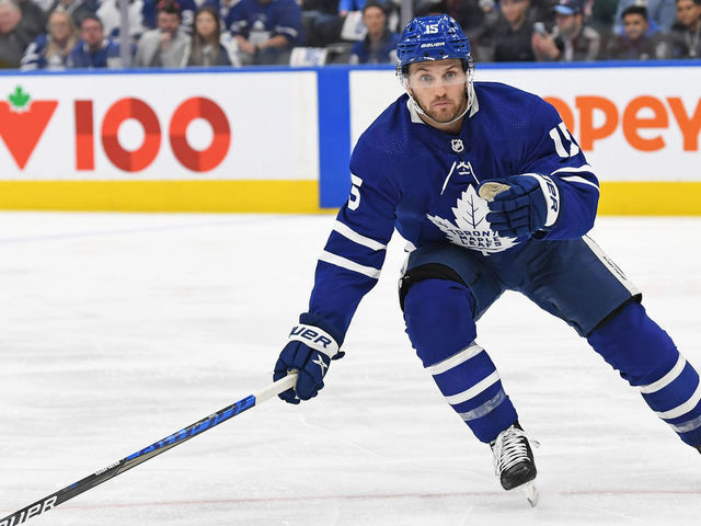 TORONTO, ON - MAY 02: Toronto Maple Leafs Winger Alexander Kerfoot (15) in action during Round 1 Game 1 of the NHL Stanley Cup Playoffs between the Tampa Bay Lightning and Toronto Maple Leafs on May 2, 2022 at Scotiabank Arena in Toronto, ON.