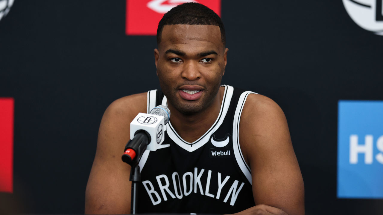 NEW YORK, NEW YORK - SEPTEMBER 26: T.J. Warren #11 of the Brooklyn Nets speaks at the podium during a press conference at Brooklyn Nets Media Day at HSS Training Center on September 26, 2022 in the Brooklyn borough of New York City. NOTE TO USER: User expressly acknowledges and agrees that, by downloading and/or using this photograph, User is consenting to the terms and conditions of the Getty Images License Agreement.