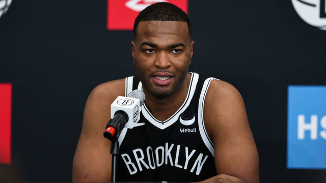 NEW YORK, NEW YORK - SEPTEMBER 26: T.J. Warren #11 of the Brooklyn Nets speaks at the podium during a press conference at Brooklyn Nets Media Day at HSS Training Center on September 26, 2022 in the Brooklyn borough of New York City. NOTE TO USER: User expressly acknowledges and agrees that, by downloading and/or using this photograph, User is consenting to the terms and conditions of the Getty Images License Agreement.