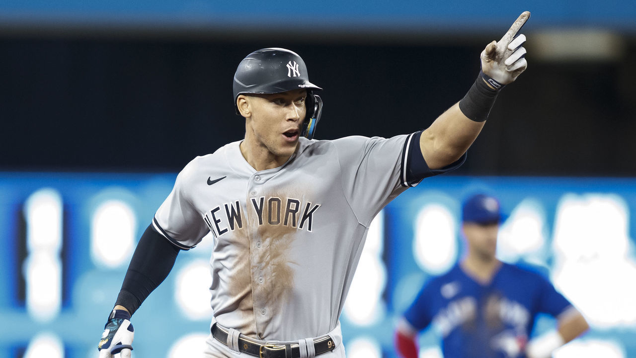 TORONTO, ON - SEPTEMBER 28: Aaron Judge #99 of the New York Yankees runs the bases as he hits his 61st home run of the season in the seventh inning against the Toronto Blue Jays at Rogers Centre on September 28, 2022 in Toronto, Ontario, Canada. Judge has now tied Roger Maris for the American League record.