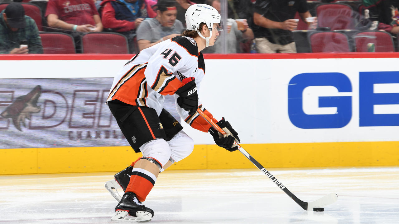 GLENDALE, ARIZONA - APRIL 01: Trevor Zegras #46 of the Anaheim Ducks skates with the puck against the Arizona Coyotes at Gila River Arena on April 01, 2022 in Glendale, Arizona.