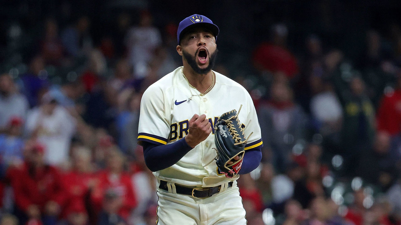 MILWAUKEE, WISCONSIN - SEPTEMBER 28: Devin Williams #38 of the Milwaukee Brewers reacts to a strike out during the eighth inning against the St. Louis Cardinals at American Family Field on September 28, 2022 in Milwaukee, Wisconsin.