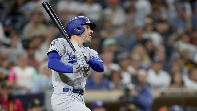 SAN DIEGO, CALIFORNIA - SEPTEMBER 28: Freddie Freeman #5 of the Los Angeles Dodgers connects for an RBI single during the tenth inning of a game \apat PETCO Park on September 28, 2022 in San Diego, California.