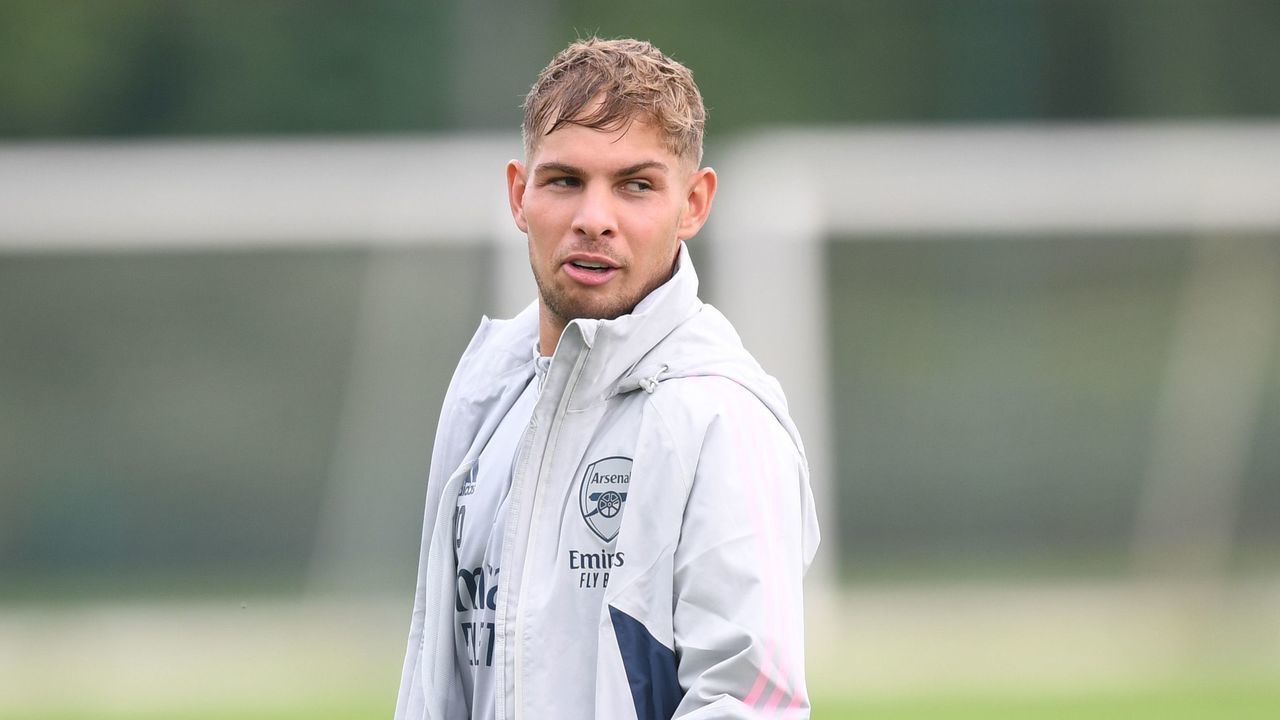 ST ALBANS, ENGLAND - SEPTEMBER 03: Emile Smith Rowe of Arsenal during a training session at London Colney on September 03, 2022 in St Albans, England.