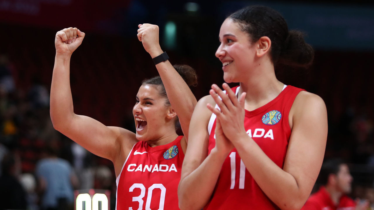 SYDNEY, AUSTRALIA - SEPTEMBER 29: Taya Hanson of Canada celebrates victory during the 2022 FIBA Women's Basketball World Cup Group Canada match between Puerto Rico at Sydney Superdome on September 29, 2022 in Sydney, Australia.