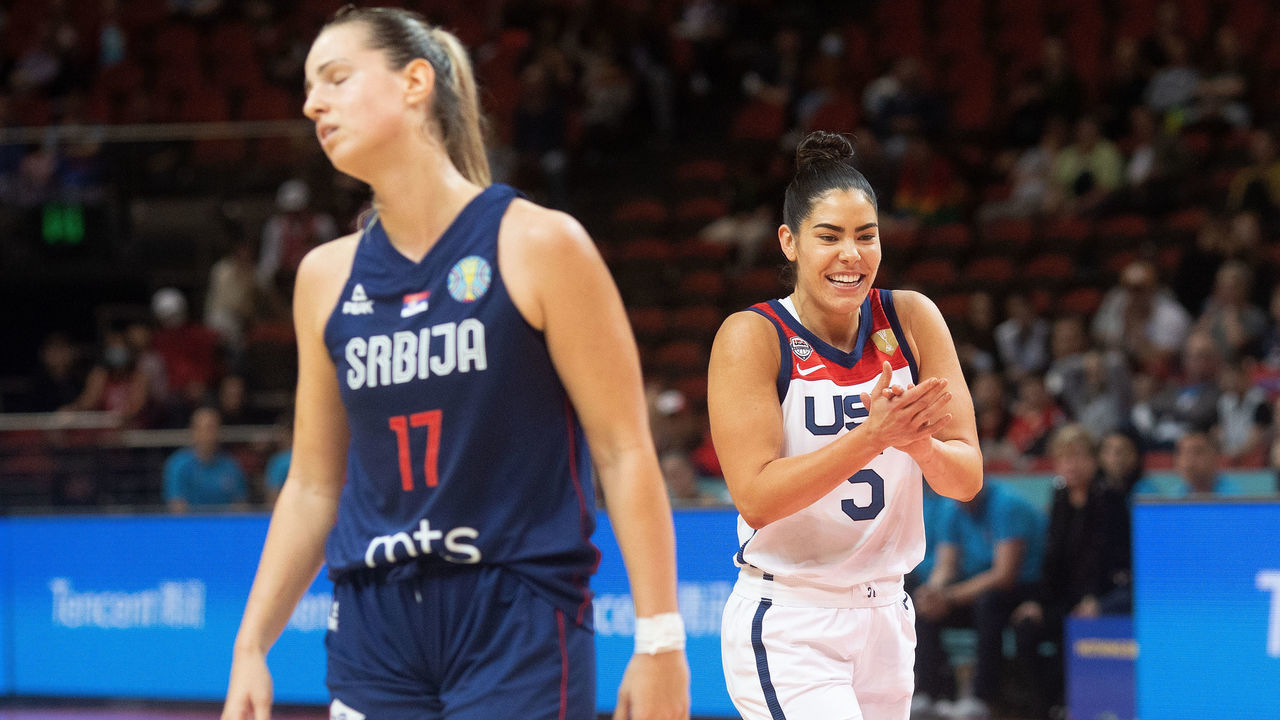 SYDNEY, AUSTRALIA - SEPTEMBER 29: United States's Kelsey Plum reacts at the end of the match during the 2022 FIBA Women's Basketball World Cup Quarterfinal match between USA and Serbia at Sydney Superdome, on September 29, 2022, in Sydney, Australia.