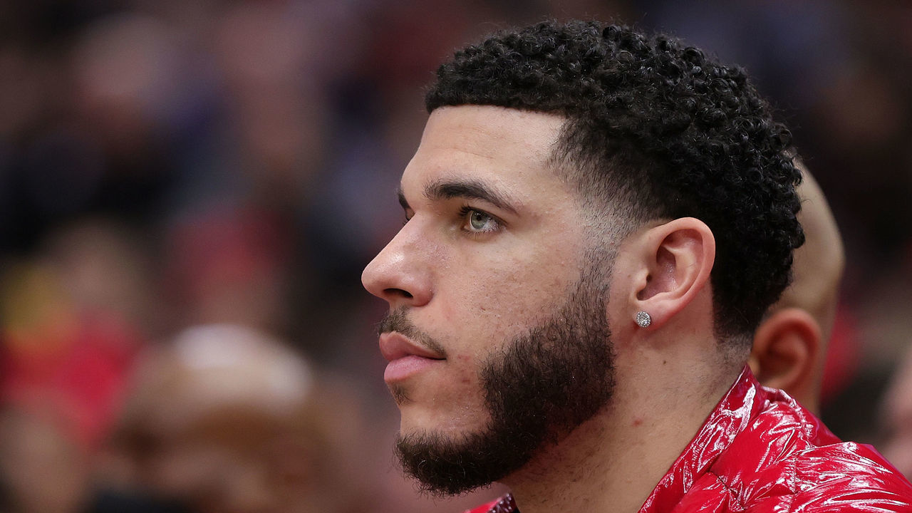 CHICAGO, ILLINOIS - APRIL 22: Lonzo Ball #2 of the Chicago Bulls watches action during the second quarter of Game Three of the Eastern Conference First Round Playoffs against the Milwaukee Bucks at the United Center on April 22, 2022 in Chicago, Illinois.