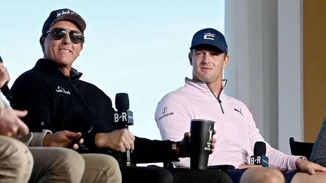 LAS VEGAS, NEVADA - NOVEMBER 26: (L-R) Phil Mickelson, Bryson DeChambeau, and Brooks Koepka attend a press conference during Capital One's The Match V: Bryson v Brooks at Wynn Golf Course on November 26, 2021 in Las Vegas, Nevada.