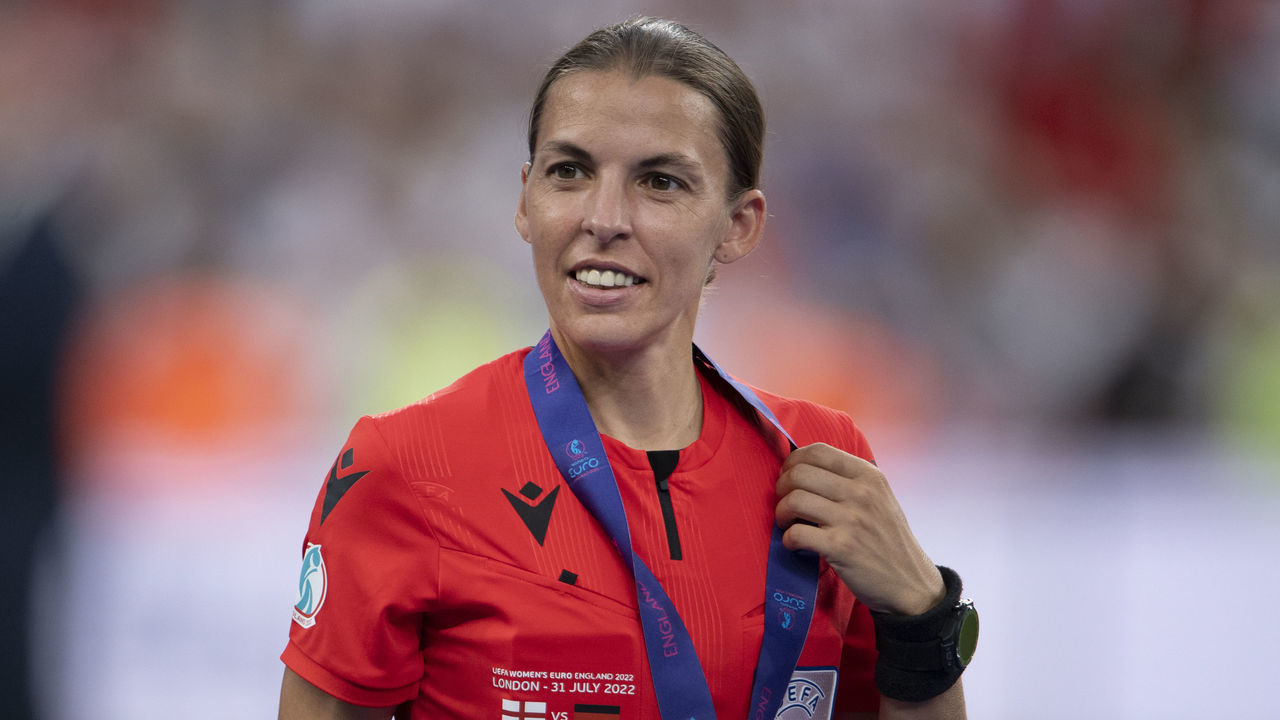 LONDON, ENGLAND - JULY 31: Fourth official Stephanie Frappart with her medal after the UEFA Women's Euro England 2022 final match between England and Germany at Wembley Stadium on July 31, 2022 in London, United Kingdom.