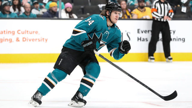 SAN JOSE, CA - MARCH 5: Alexander Barabanov #94 of the San Jose Sharks skates after the puck against the Nashville Predators at SAP Center on March 5, 2022 in San Jose, California.