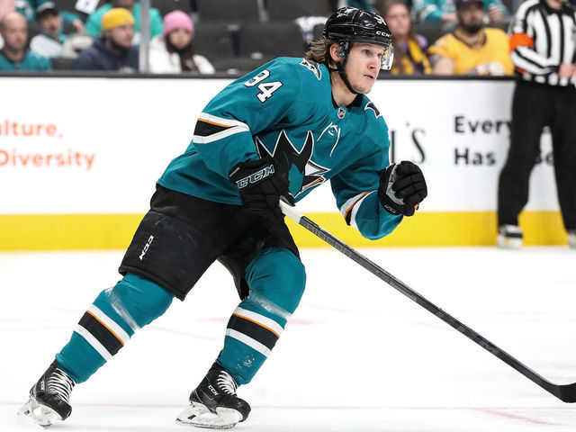 SAN JOSE, CA - MARCH 5: Alexander Barabanov #94 of the San Jose Sharks skates after the puck against the Nashville Predators at SAP Center on March 5, 2022 in San Jose, California.