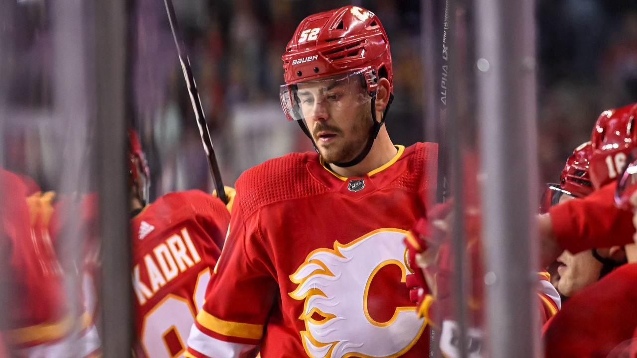 CALGARY, AB - SEPTEMBER 28: Calgary Flames Defenceman MacKenzie Weegar (52) gets ready for a shift during the first period of an NHL pre-season game between the Calgary Flames and the Edmonton Oilers on September 28, 2022, at the Scotiabank Saddledome in Calgary, AB.