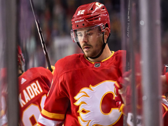 CALGARY, AB - SEPTEMBER 28: Calgary Flames Defenceman MacKenzie Weegar (52) gets ready for a shift during the first period of an NHL pre-season game between the Calgary Flames and the Edmonton Oilers on September 28, 2022, at the Scotiabank Saddledome in Calgary, AB.