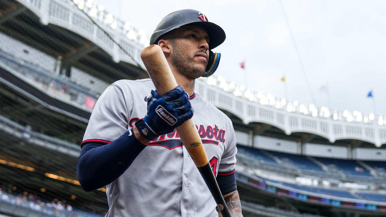 NEW YORK, NY - SEPTEMBER 07: Carlos Correa #4 of the Minnesota Twins looks on against the New York Yankees on September 2, 2022 at Yankee Stadium in New York, New York.