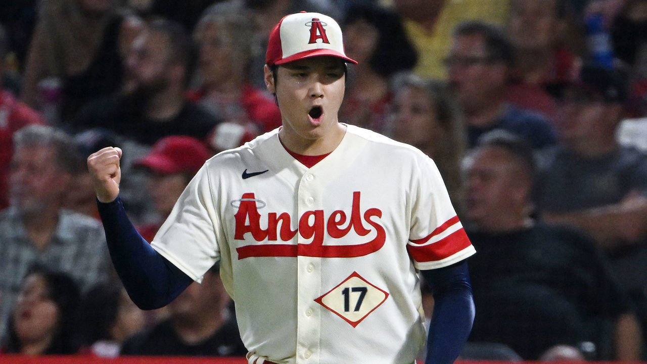 ANAHEIM, CA - SEPTEMBER 29: Los Angeles Angels pitcher Shohei Ohtani (17) reacts after getting the third out of the fifth inning an MLB baseball game against the Oakland Athletics played on September 29, 2022 at Angel Stadium in Anaheim, CA.