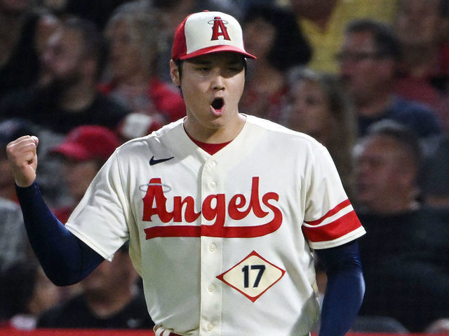 ANAHEIM, CA - SEPTEMBER 29: Los Angeles Angels pitcher Shohei Ohtani (17) reacts after getting the third out of the fifth inning an MLB baseball game against the Oakland Athletics played on September 29, 2022 at Angel Stadium in Anaheim, CA.