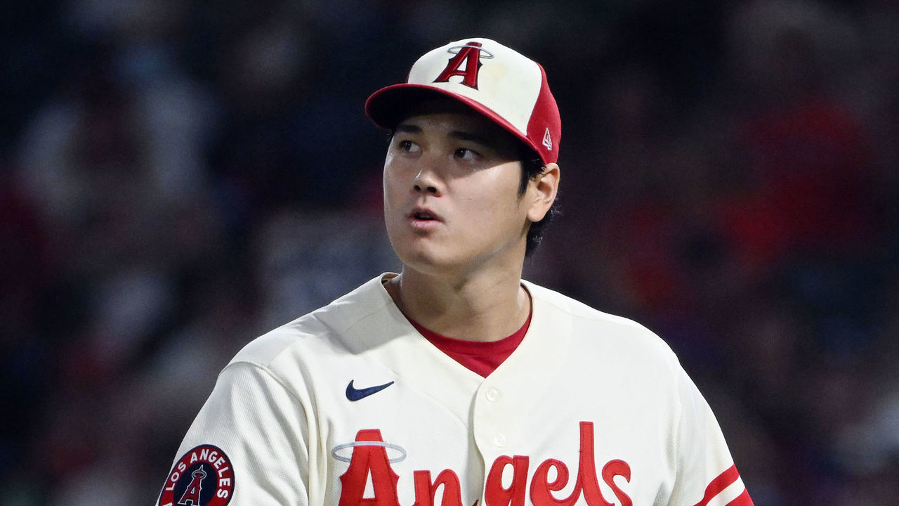 ANAHEIM, CA - SEPTEMBER 29: Los Angeles Angels pitcher Shohei Ohtani (17) heads to the dugout after getting the third out of the fourth inning an MLB baseball game against the Oakland Athletics played on September 29, 2022 at Angel Stadium in Anaheim, CA.