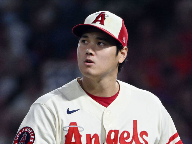 ANAHEIM, CA - SEPTEMBER 29: Los Angeles Angels pitcher Shohei Ohtani (17) heads to the dugout after getting the third out of the fourth inning an MLB baseball game against the Oakland Athletics played on September 29, 2022 at Angel Stadium in Anaheim, CA.