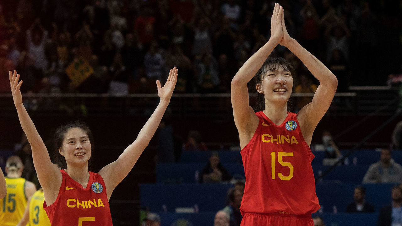 SYDNEY, AUSTRALIA - SEPTEMBER 30: Chinas Han Xu right, and Wang Siyu during the 2022 FIBA Women's Basketball World Cup Semi Final match between Australia and China at Sydney Superdome, on September 30, 2022, in Sydney, Australia.