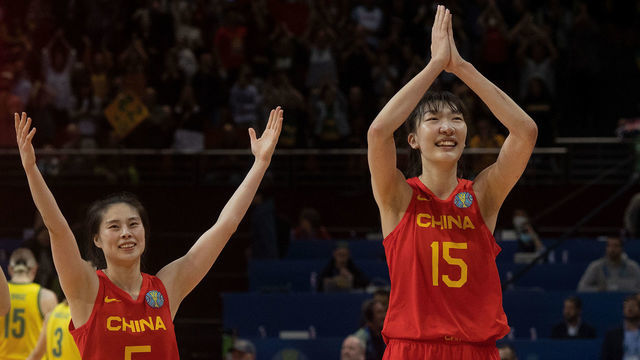 SYDNEY, AUSTRALIA - SEPTEMBER 30: Chinas Han Xu right, and Wang Siyu during the 2022 FIBA Women's Basketball World Cup Semi Final match between Australia and China at Sydney Superdome, on September 30, 2022, in Sydney, Australia.