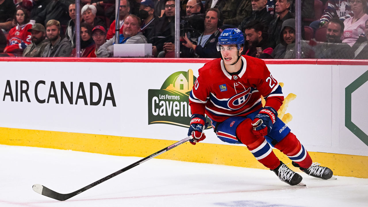 MONTREAL, QC - SEPTEMBER 26: Look on Montreal Canadiens left wing Juraj Slafkovsky (20) during the New Jersey Devils versus the Montreal Canadiens preseason game on September 26, 2022, at Bell Centre in Montreal, QC